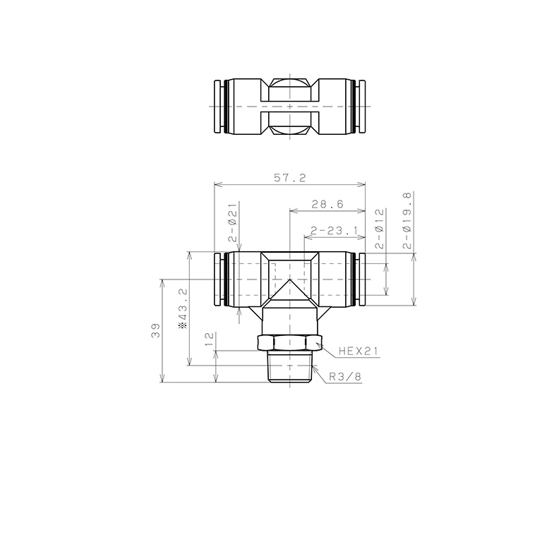 Đầu Nối Nhanh Khí Nén Dạng Chữ T Ren Ngoài Pisco PPB12-03SUS_drawing