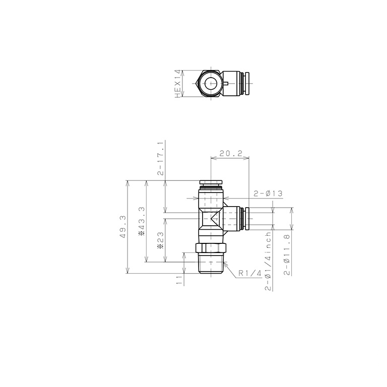 Đầu Nối Nhanh Khí Nén Dạng Chữ T Ren Ngoài Pisco PPD1/4-02-HN_drawing