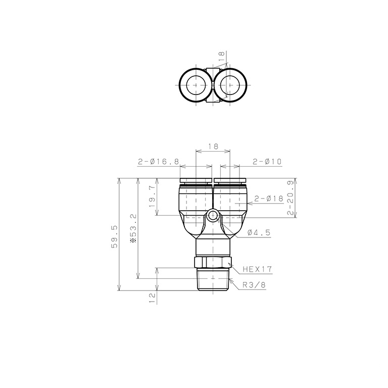 Đầu Nối Nhanh Khí Nén Dạng Chữ Y Ren Ngoài Pisco PPX10-03_drawing