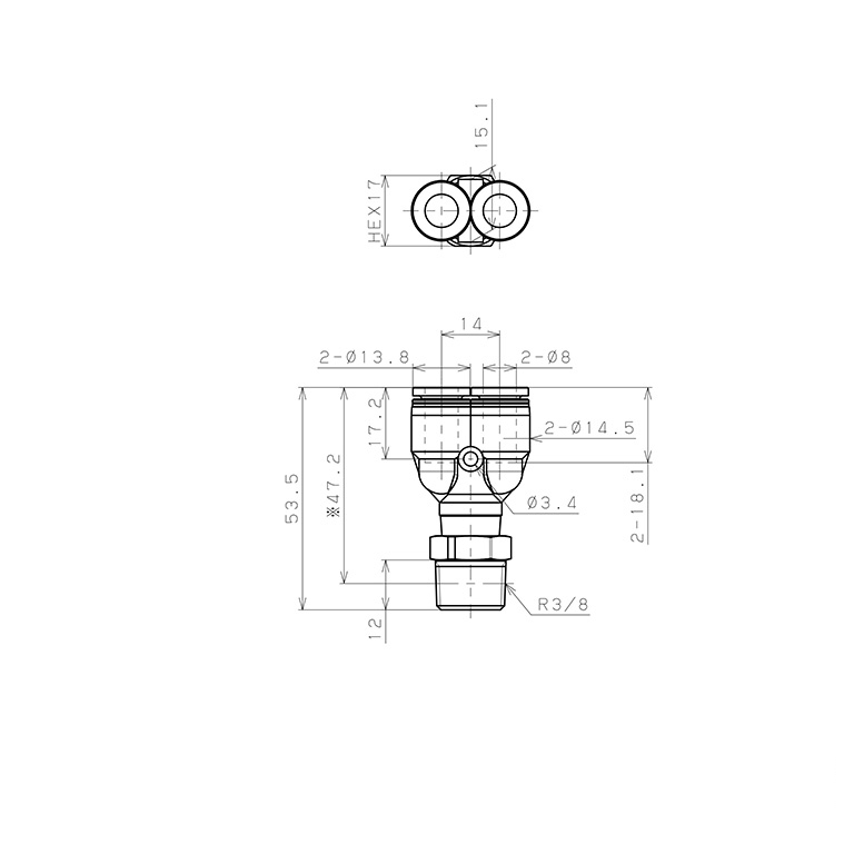 Đầu Nối Nhanh Khí Nén Dạng Chữ Y Ren Ngoài Pisco PPX8-03-C_drawing
