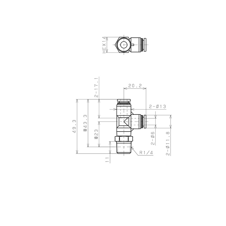 Đầu Nối Nhanh Khí Nén Dạng Chữ T Ren Ngoài Pisco PPD6-02SUS-C_drawing