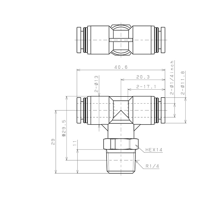 Đầu Nối Nhanh Khí Nén Dạng Chữ T Ren Ngoài Pisco PPB1/4-02_drawing
