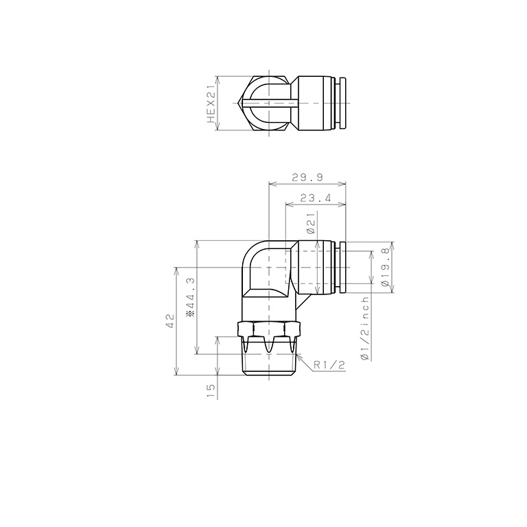 Đầu Nối Nhanh Khí Nén Dạng Cong 90° Ren Ngoài Pisco PPL1/2-04SUS-HN_drawing