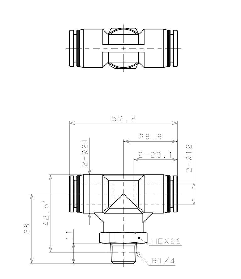 Đầu Nối Nhanh Khí Nén Dạng Chữ T Ren Ngoài Pisco PPB12-02-C_drawing