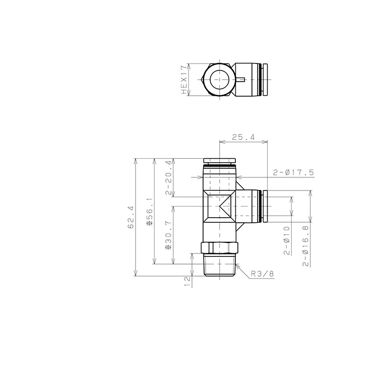 Đầu Nối Nhanh Khí Nén Dạng Chữ T Ren Ngoài Pisco PPD10-03-C_drawing