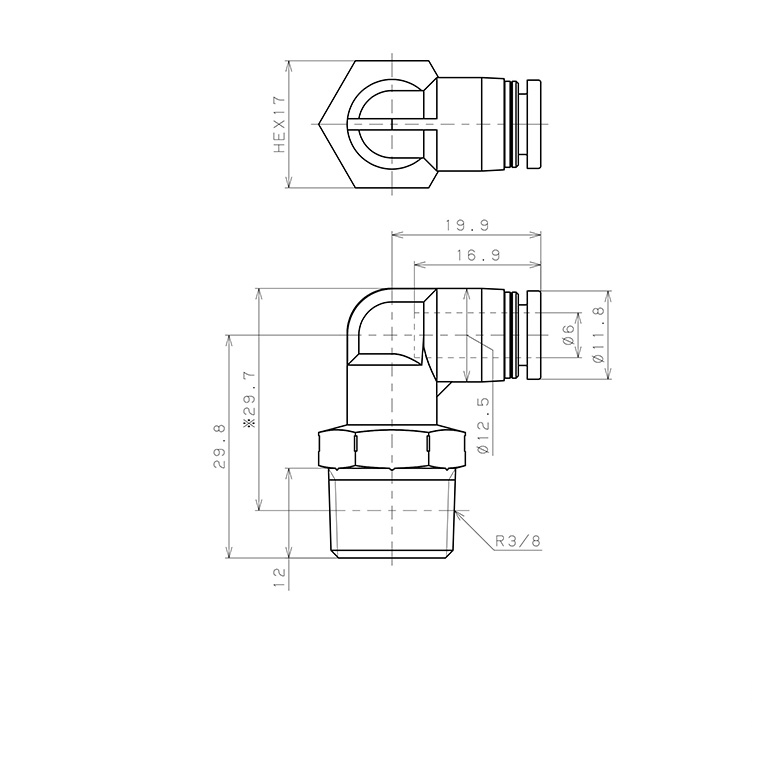 Đầu Nối Nhanh Khí Nén Dạng Cong 90° Ren Ngoài Pisco PPL6-03SUS-F-TP_drawing