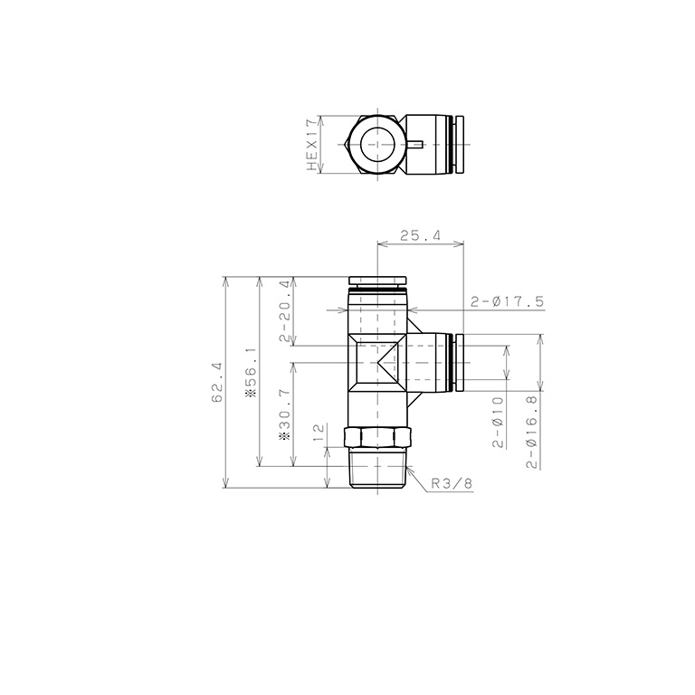 Đầu Nối Nhanh Khí Nén Dạng Chữ T Ren Ngoài Pisco PPD10-03SUS_drawing