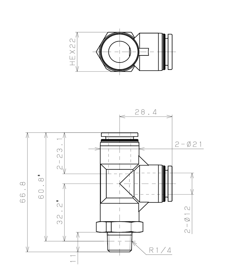 Đầu Nối Nhanh Khí Nén Dạng Chữ T Ren Ngoài Pisco PPD12-02_drawing