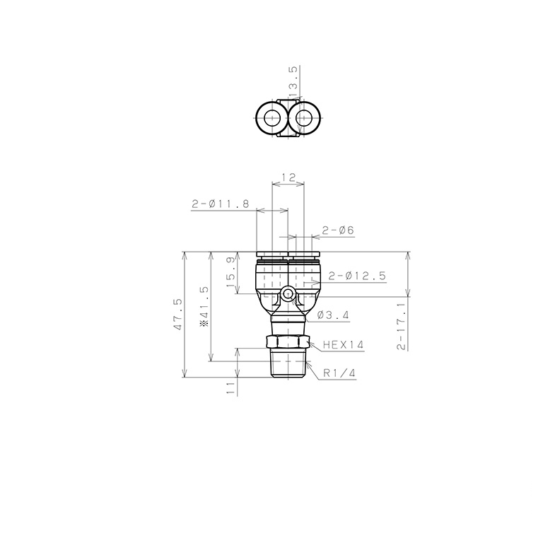 Đầu Nối Nhanh Khí Nén Dạng Chữ Y Ren Ngoài Pisco PPX6-02SUS-S_drawing