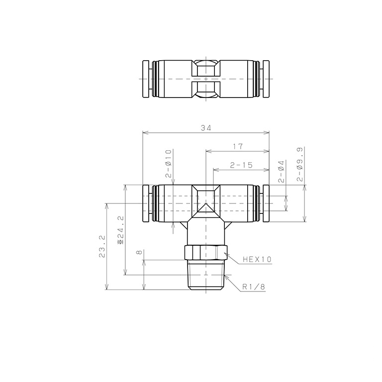 Đầu Nối Nhanh Khí Nén Dạng Chữ T Ren Ngoài Pisco PPB4-01-TP_drawing