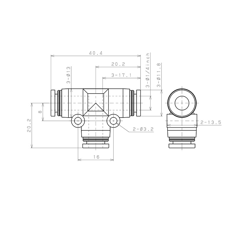Đầu Nối Nhanh Khí Nén Chữ T Pisco PPE1/4-UC_drawing