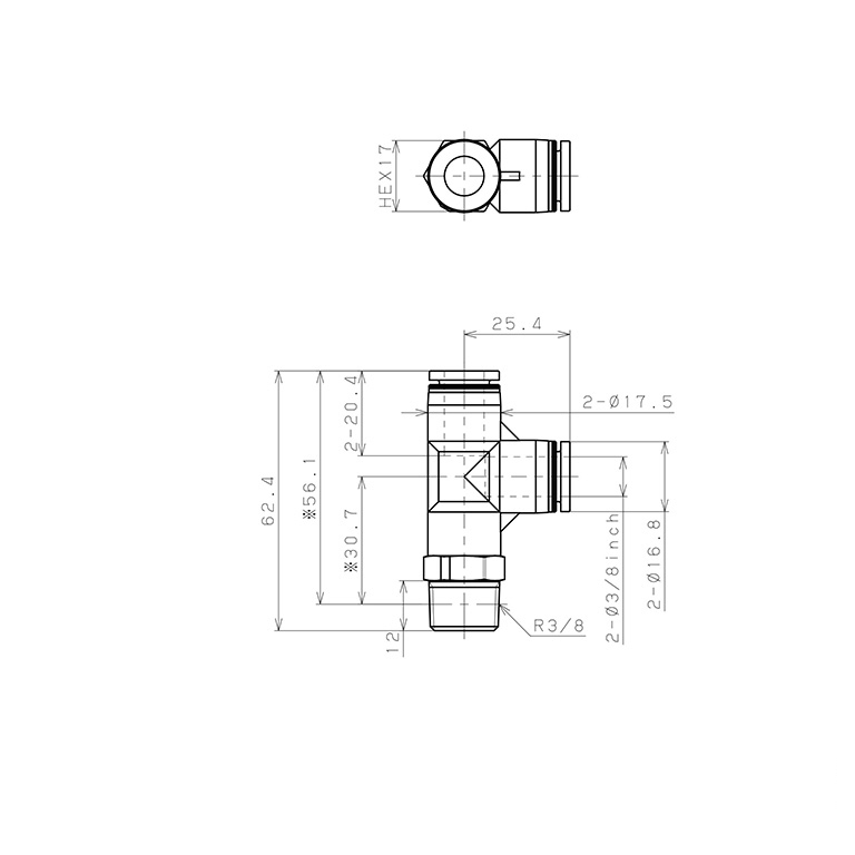 Đầu Nối Nhanh Khí Nén Dạng Chữ T Ren Ngoài Pisco PPD3/8-03-F_drawing