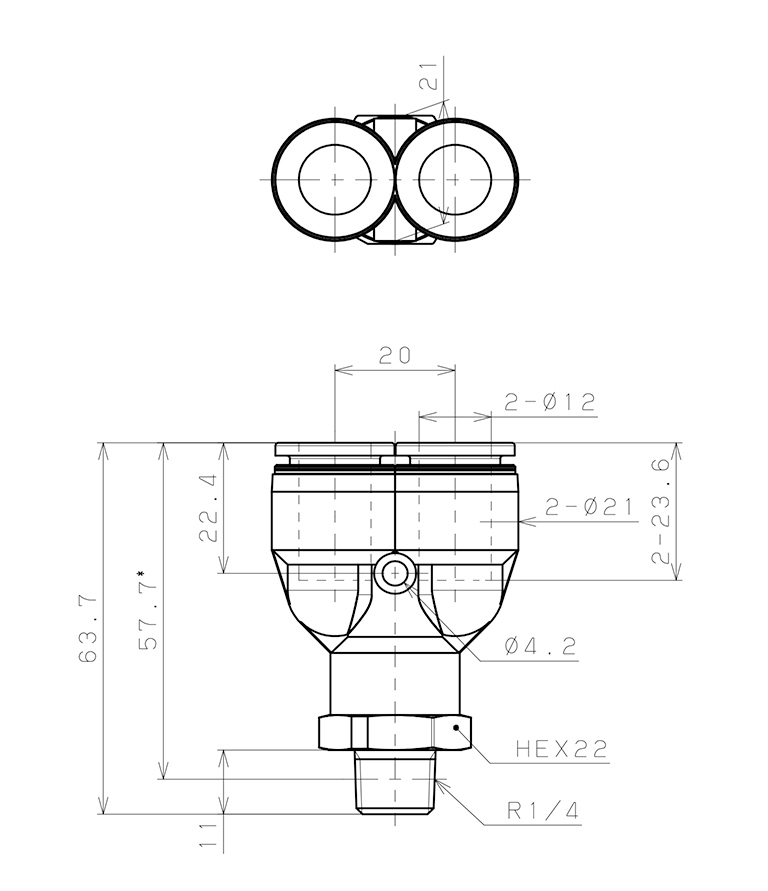 Đầu Nối Nhanh Khí Nén Dạng Chữ Y Ren Ngoài Pisco PPX12-02_drawing