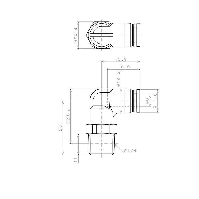 Đầu Nối Nhanh Khí Nén Dạng Cong 90° Ren Ngoài Pisco PPL6-02-F-TP_drawing