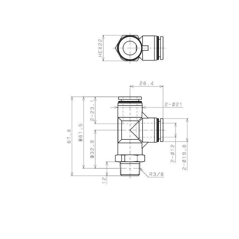 Đầu Nối Nhanh Khí Nén Dạng Chữ T Ren Ngoài Pisco PPD12-03_drawing