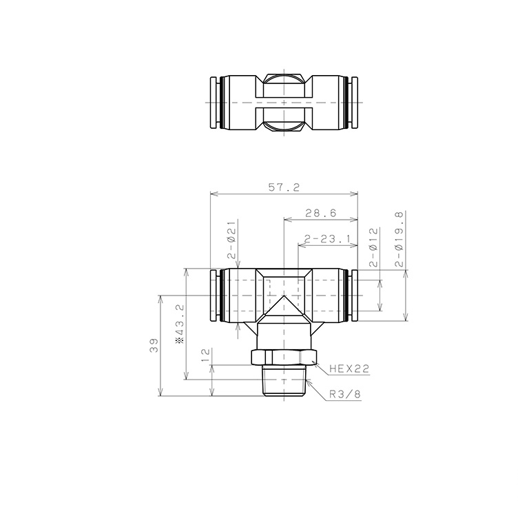 Đầu Nối Nhanh Khí Nén Dạng Chữ T Ren Ngoài Pisco PPB12-03-C_drawing