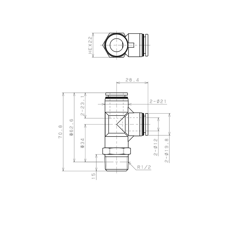 Đầu Nối Nhanh Khí Nén Dạng Chữ T Ren Ngoài Pisco PPD12-04_drawing