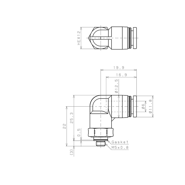 Đầu Nối Nhanh Khí Nén Dạng Cong 90° Ren Ngoài Pisco PPL6-M5SUS-HN_drawing