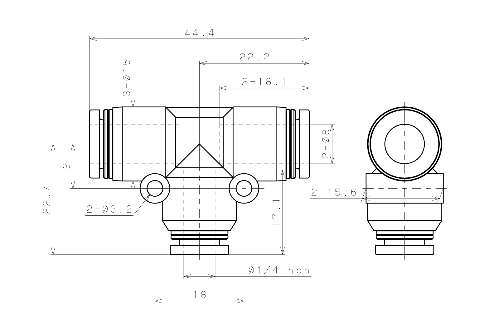 Đầu Nối Nhanh Khí Nén Chữ T Dạng Nối Giảm Pisco PPEG8-1/4-F_drawing