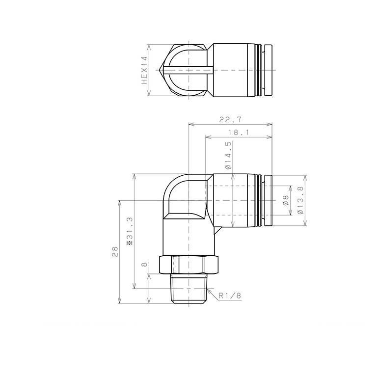 Đầu Nối Nhanh Khí Nén Dạng Cong 90° Ren Ngoài Pisco PPL8-01-TP_drawing