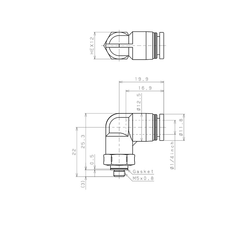 Đầu Nối Nhanh Khí Nén Dạng Cong 90° Ren Ngoài Pisco PPL1/4-M5SUS-F_drawing