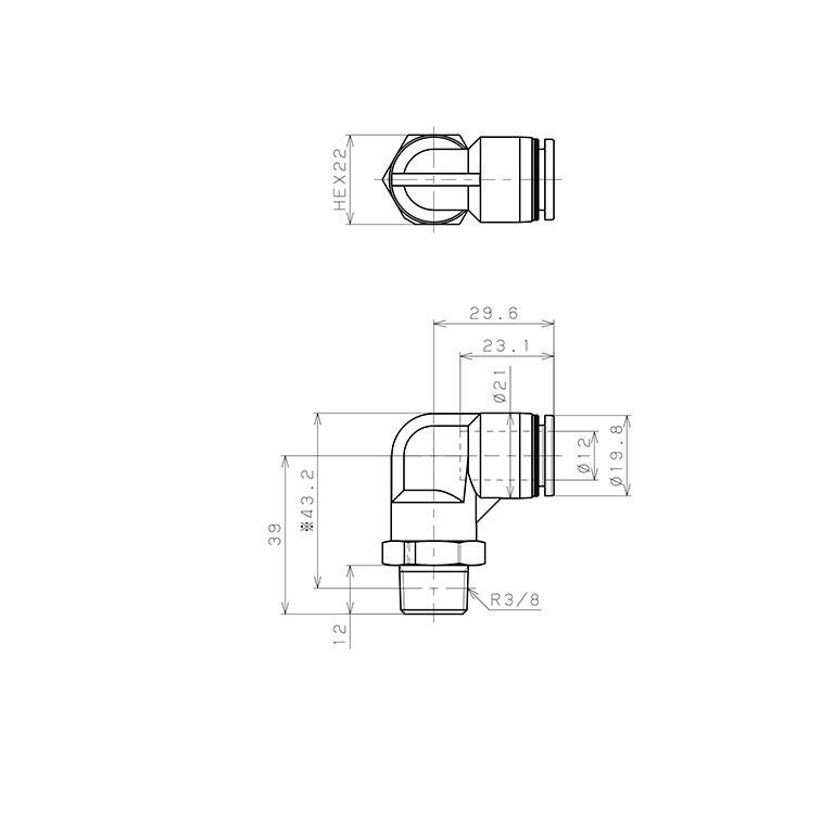 Đầu Nối Nhanh Khí Nén Dạng Cong 90° Ren Ngoài Pisco PPL12-03-TP_drawing