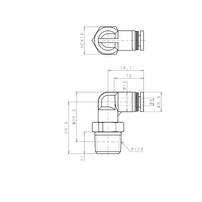 Đầu Nối Nhanh Khí Nén Dạng Cong 90° Ren Ngoài Pisco PPL4-02-TP_drawing