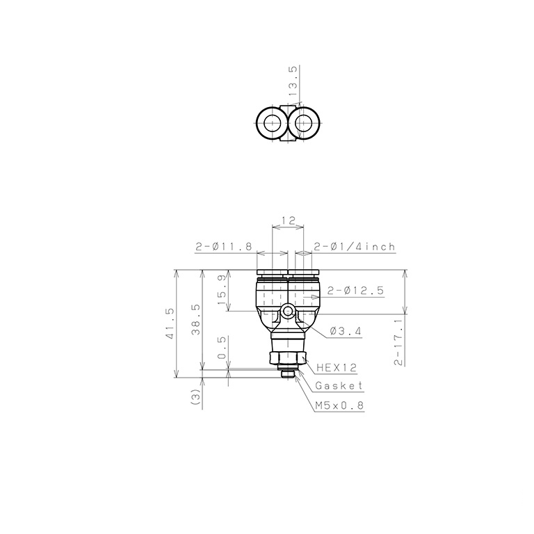 Đầu Nối Nhanh Khí Nén Dạng Chữ Y Ren Ngoài Pisco PPX1/4-M5SUS_drawing