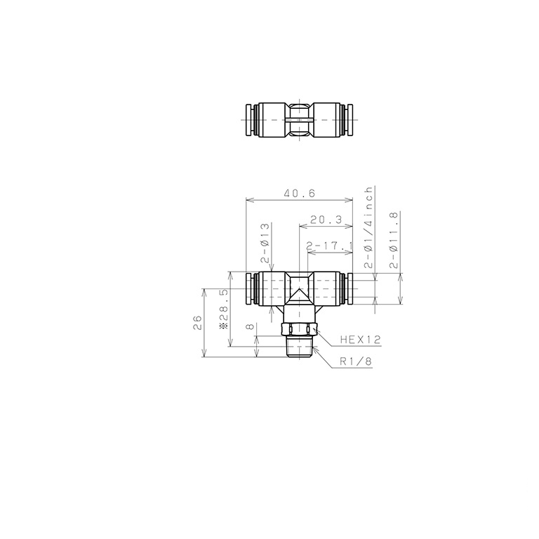 Đầu Nối Nhanh Khí Nén Dạng Chữ T Ren Ngoài Pisco PPB1/4-01SUS-S_drawing