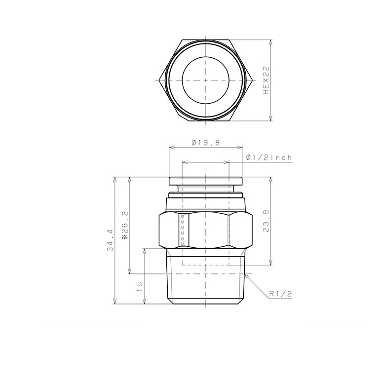 Đầu Nối Nhanh Khí Nén Dạng Thẳng Thân Lục Giác Ren Ngoài Pisco PPC1/2-04-F_drawing