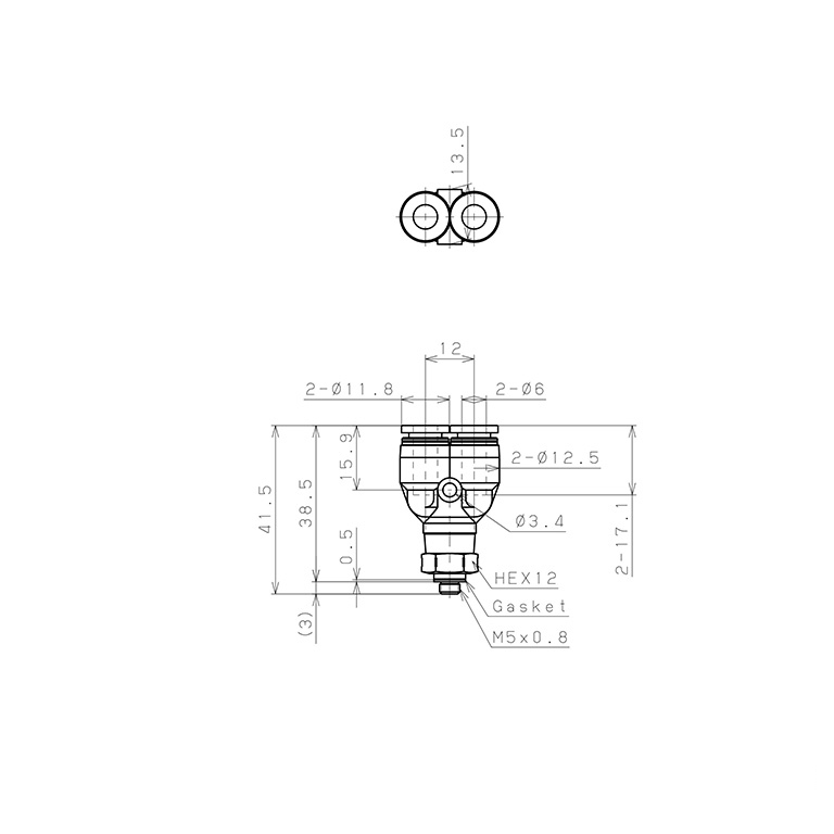 Đầu Nối Nhanh Khí Nén Dạng Chữ Y Ren Ngoài Pisco PPX6-M5SUS-C_drawing