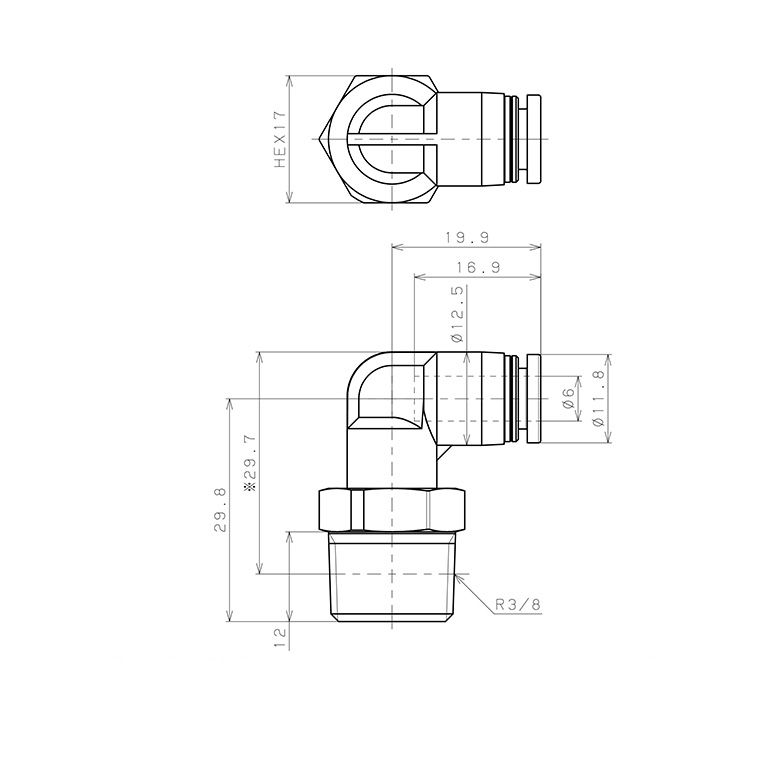 Đầu Nối Nhanh Khí Nén Dạng Cong 90° Ren Ngoài Pisco PPL6-03-UC_drawing