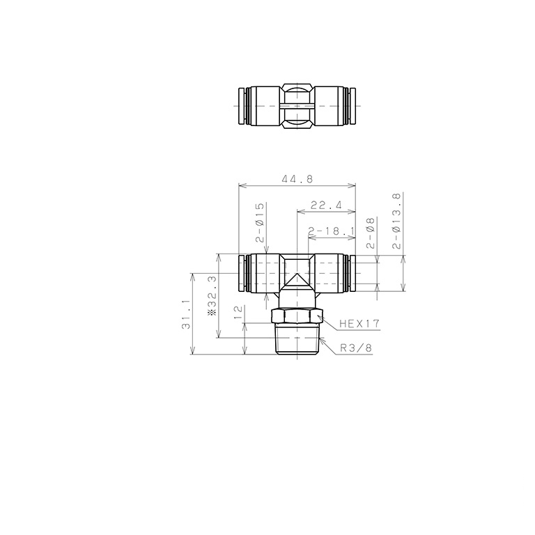 Đầu Nối Nhanh Khí Nén Dạng Chữ T Ren Ngoài Pisco PPB8-03SUS-C_drawing
