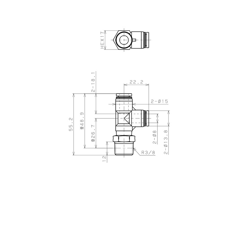 Đầu Nối Nhanh Khí Nén Dạng Chữ T Ren Ngoài Pisco PPD8-03SUS-S_drawing
