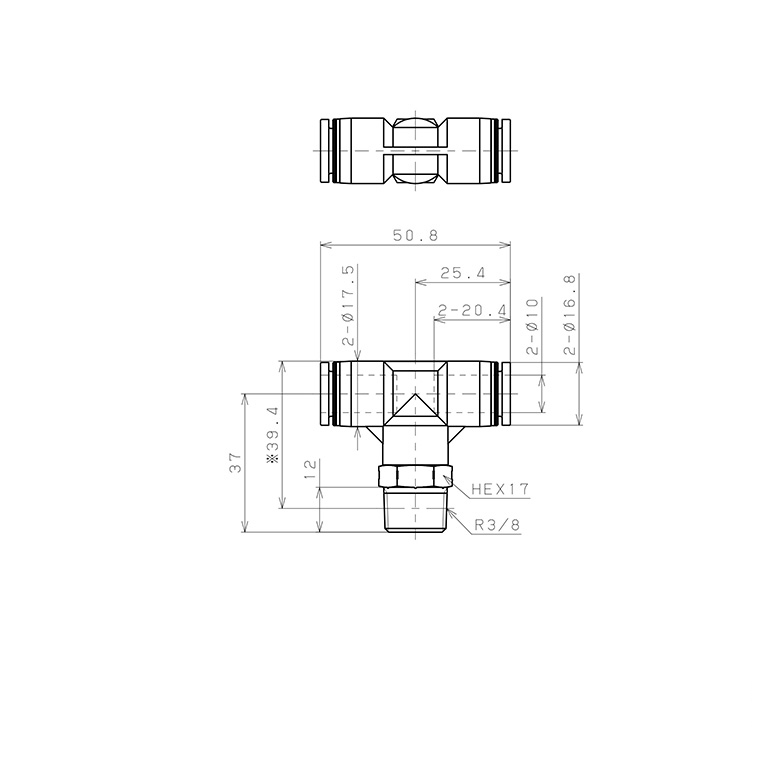 Đầu Nối Nhanh Khí Nén Dạng Chữ T Ren Ngoài Pisco PPB10-03SUS-HN_drawing