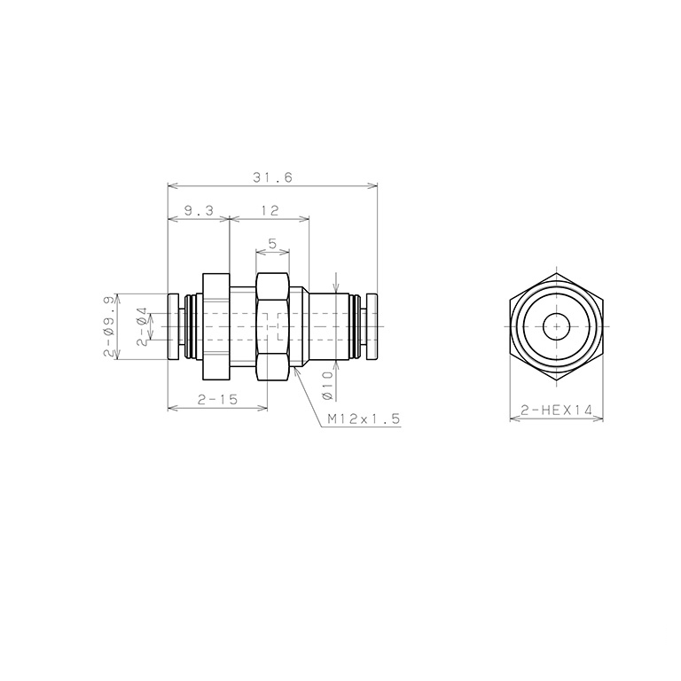 Đầu Nối Nhanh Khí Nén Dạng Thẳng Ren Ngoài Lắp Kẹp Vách Pisco PPMP4-F-C_drawing