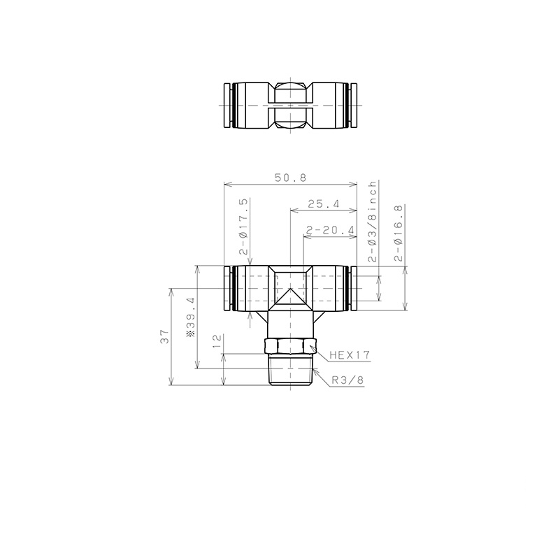 Đầu Nối Nhanh Khí Nén Dạng Chữ T Ren Ngoài Pisco PPB3/8-03SUS_drawing