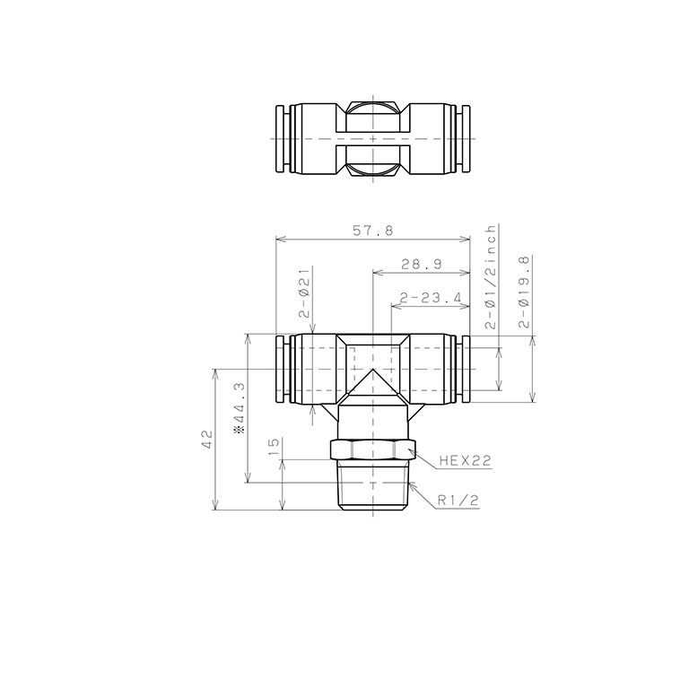 Đầu Nối Nhanh Khí Nén Dạng Chữ T Ren Ngoài Pisco PPB1/2-04_drawing