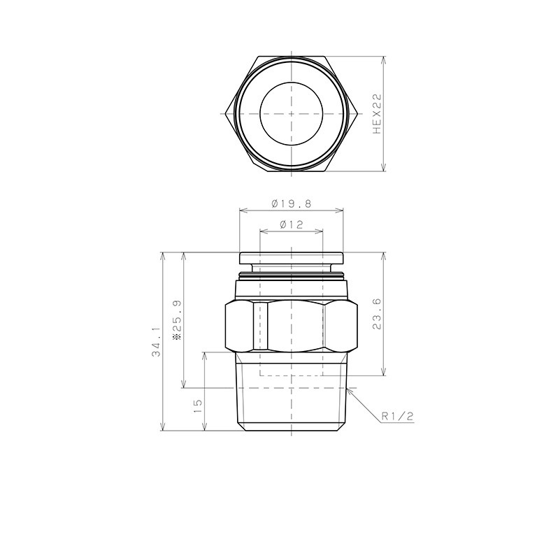 Đầu Nối Nhanh Khí Nén Dạng Thẳng Thân Lục Giác Ren Ngoài Pisco PPC12-04-F-TP-C_drawing