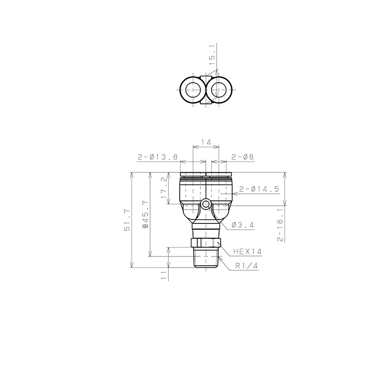 Đầu Nối Nhanh Khí Nén Dạng Chữ Y Ren Ngoài Pisco PPX8-02-TP-C_drawing
