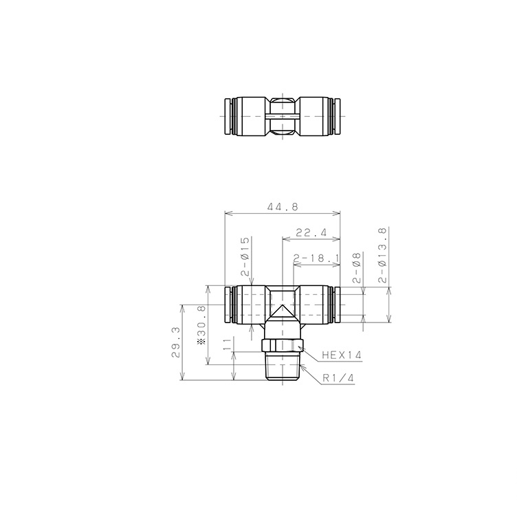 Đầu Nối Nhanh Khí Nén Dạng Chữ T Ren Ngoài Pisco PPB8-02_drawing