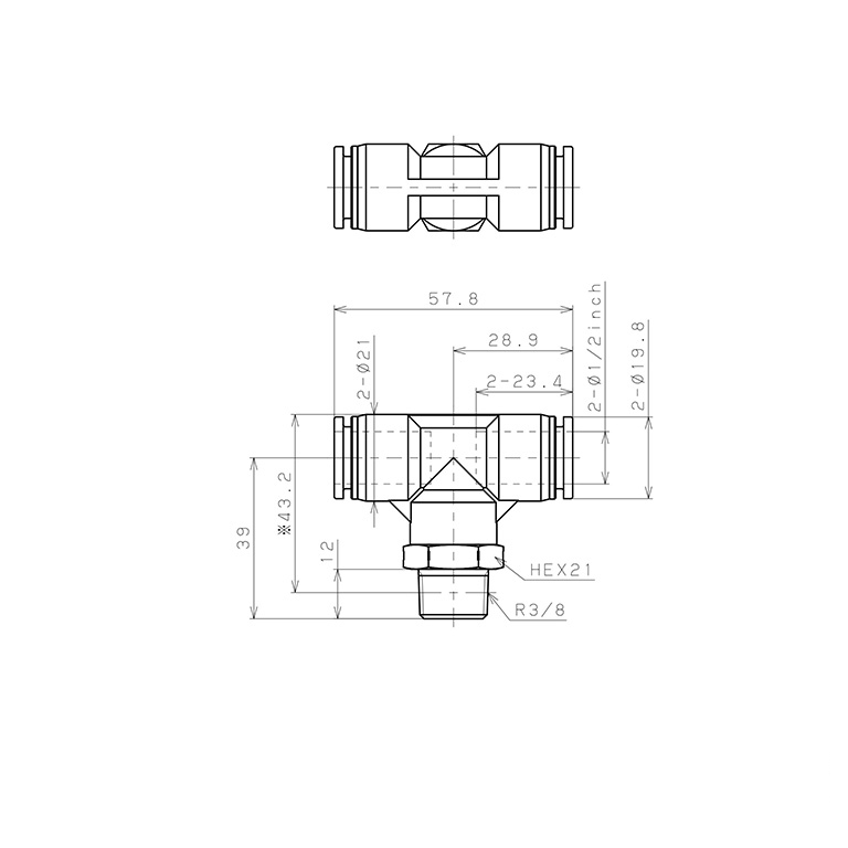 Đầu Nối Nhanh Khí Nén Dạng Chữ T Ren Ngoài Pisco PPB1/2-03SUS_drawing