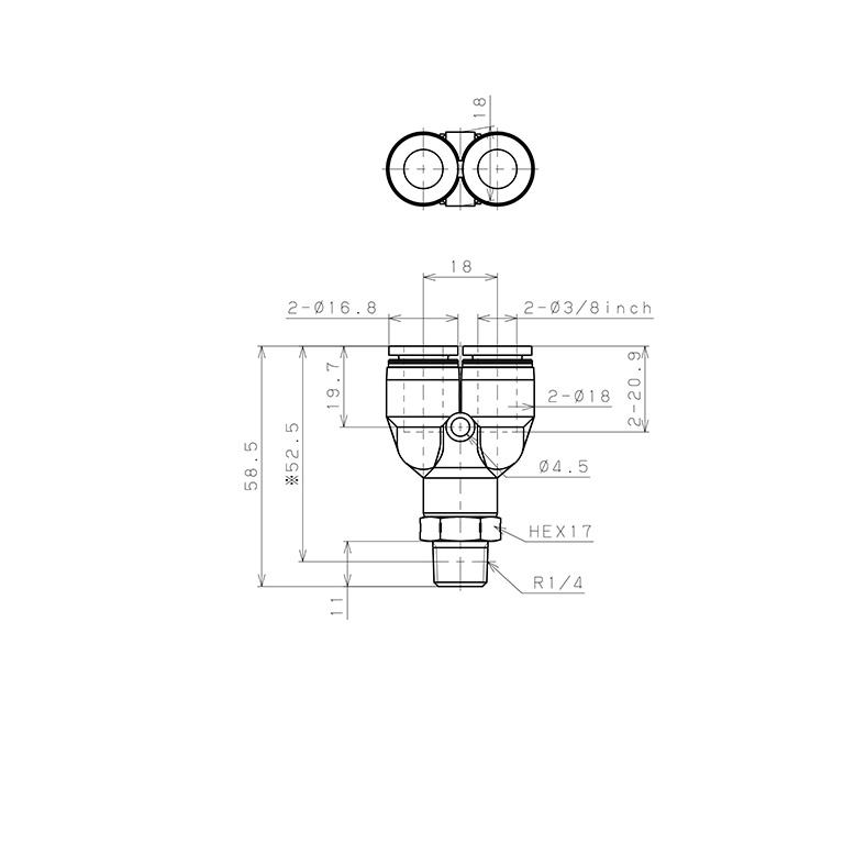 Đầu Nối Nhanh Khí Nén Dạng Chữ Y Ren Ngoài Pisco PPX3/8-02SUS_drawing