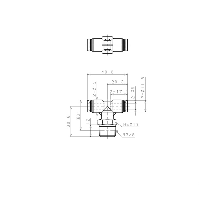 Đầu Nối Nhanh Khí Nén Dạng Chữ T Ren Ngoài Pisco PPB6-03SUS-S_drawing