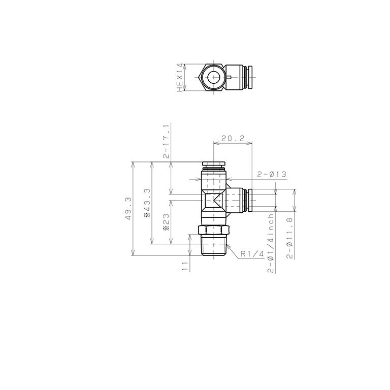 Đầu Nối Nhanh Khí Nén Dạng Chữ T Ren Ngoài Pisco PPD1/4-02SUS_drawing