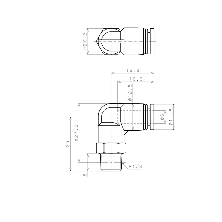 Đầu Nối Nhanh Khí Nén Dạng Cong 90° Ren Ngoài Pisco PPL6-01-UC_drawing