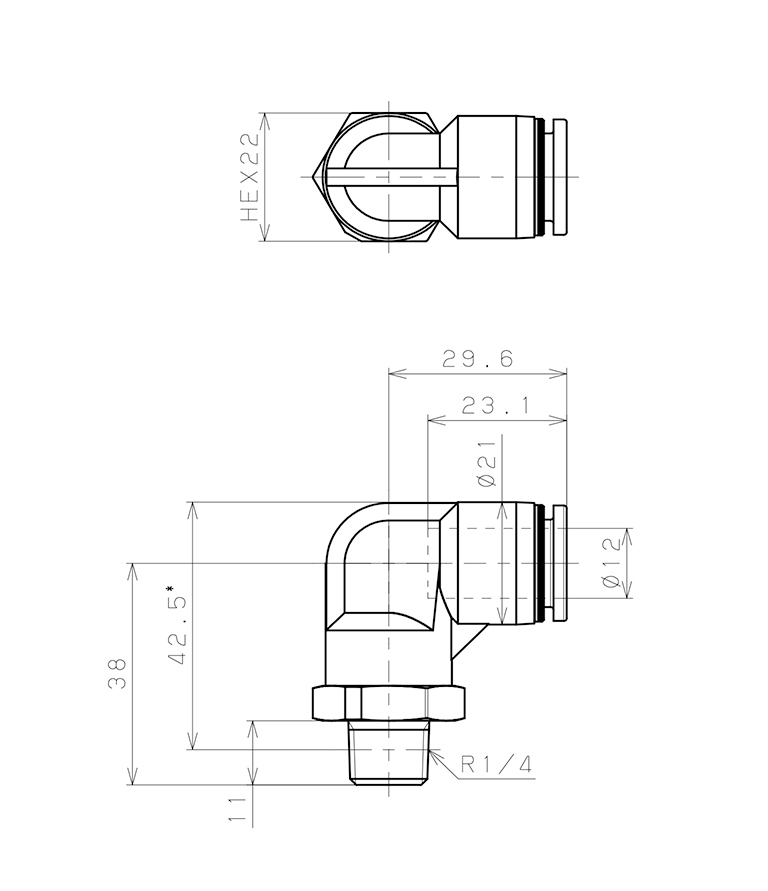 Đầu Nối Nhanh Khí Nén Dạng Cong 90° Ren Ngoài Pisco PPL12-02-HN-TP_drawing