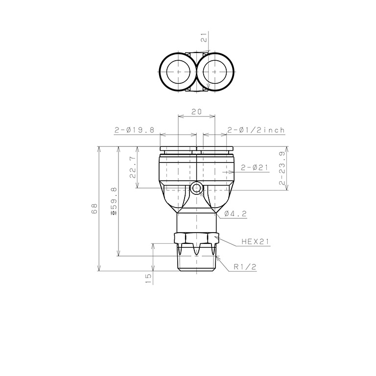 Đầu Nối Nhanh Khí Nén Dạng Chữ Y Ren Ngoài Pisco PPX1/2-04SUS_drawing