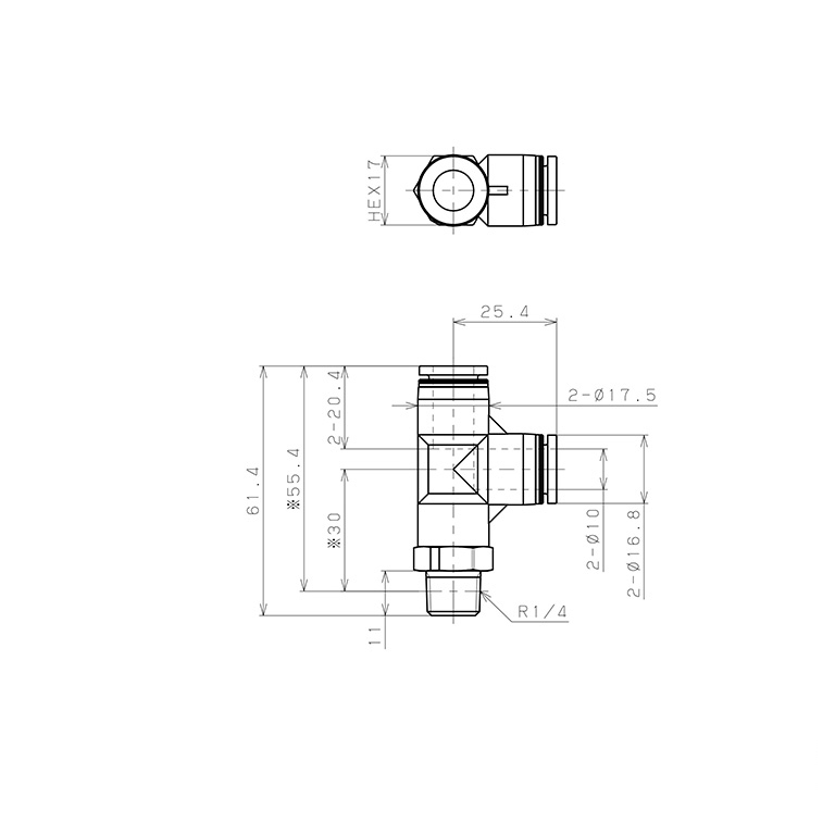 Đầu Nối Nhanh Khí Nén Dạng Chữ T Ren Ngoài Pisco PPD10-02-TP_drawing