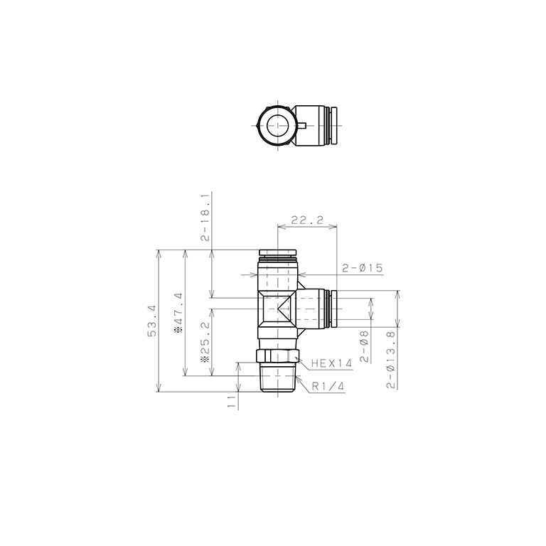 Đầu Nối Nhanh Khí Nén Dạng Chữ T Ren Ngoài Pisco PPD8-02-TP_drawing